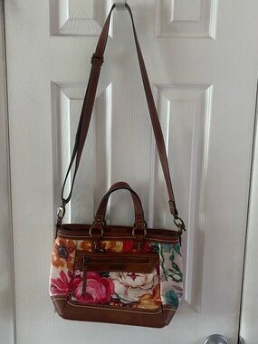 B.O.C. Floral Crossbody Handbag with Brown Leather Trim